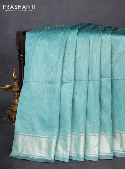 Semi dupion saree teal green shade and multi colour with allover kantha stitch work and zari woven border