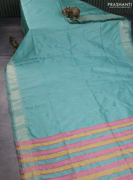 Semi dupion saree teal green shade and multi colour with allover kantha stitch work and zari woven border