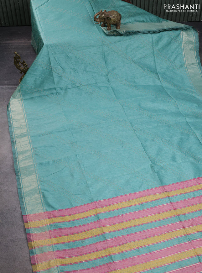 Semi dupion saree teal green shade and multi colour with allover kantha stitch work and zari woven border