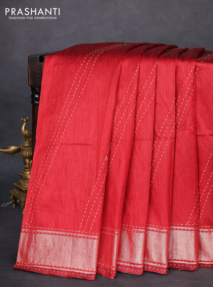 Semi dupion saree black and multi colour with allover kantha stitch work and zari woven border