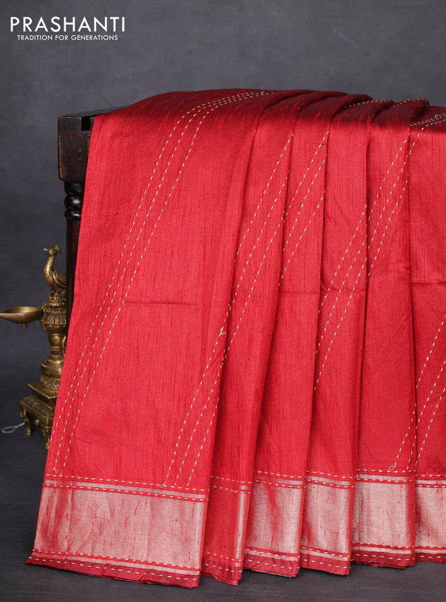 Semi dupion saree black and multi colour with allover kantha stitch work and zari woven border