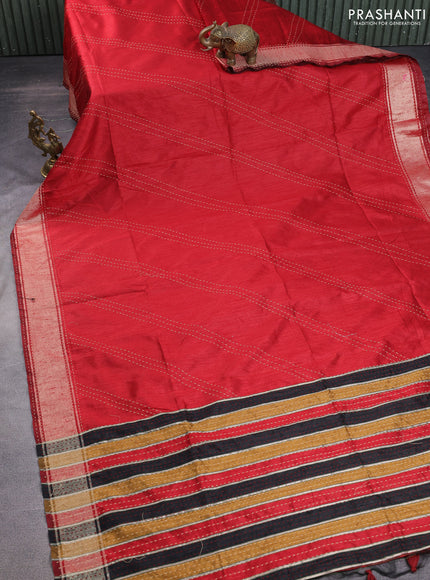 Semi dupion saree black and multi colour with allover kantha stitch work and zari woven border