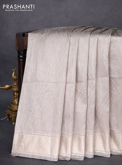 Semi dupion saree pastel grey and multi colour with allover kantha stitch work and zari woven border