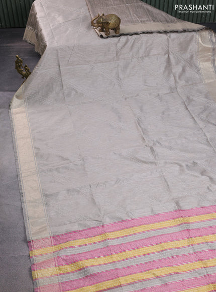 Semi dupion saree pastel grey and multi colour with allover kantha stitch work and zari woven border