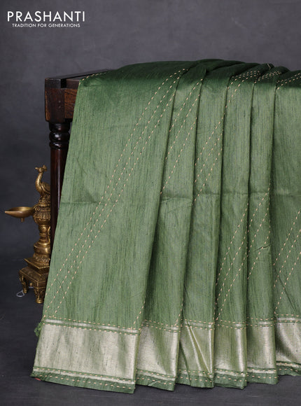 Semi dupion saree sap green and multi colour with allover kantha stitch work and zari woven border