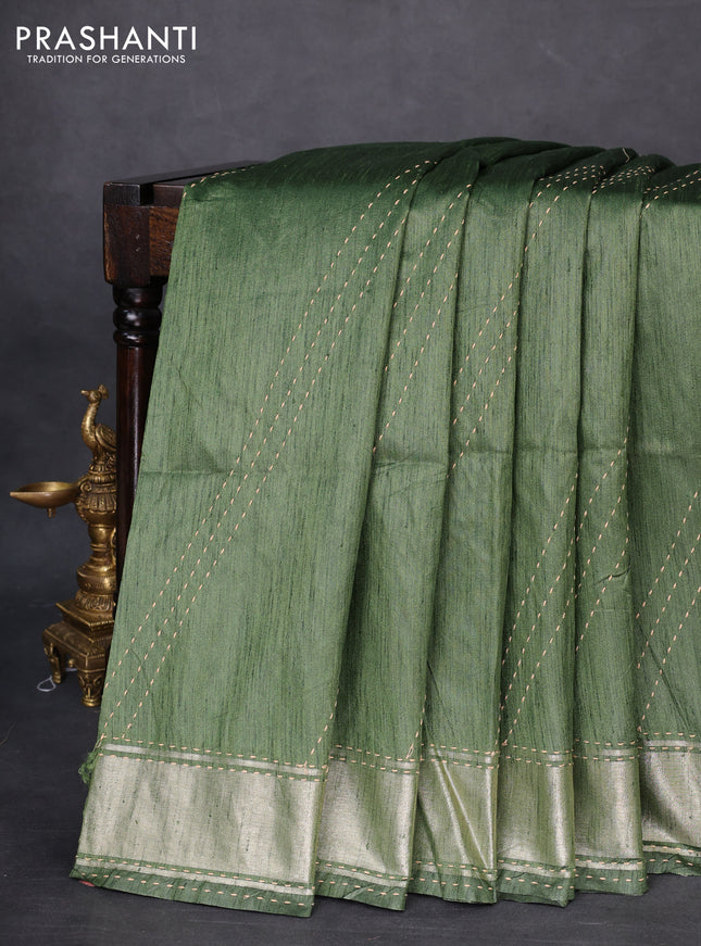 Semi dupion saree sap green and multi colour with allover kantha stitch work and zari woven border