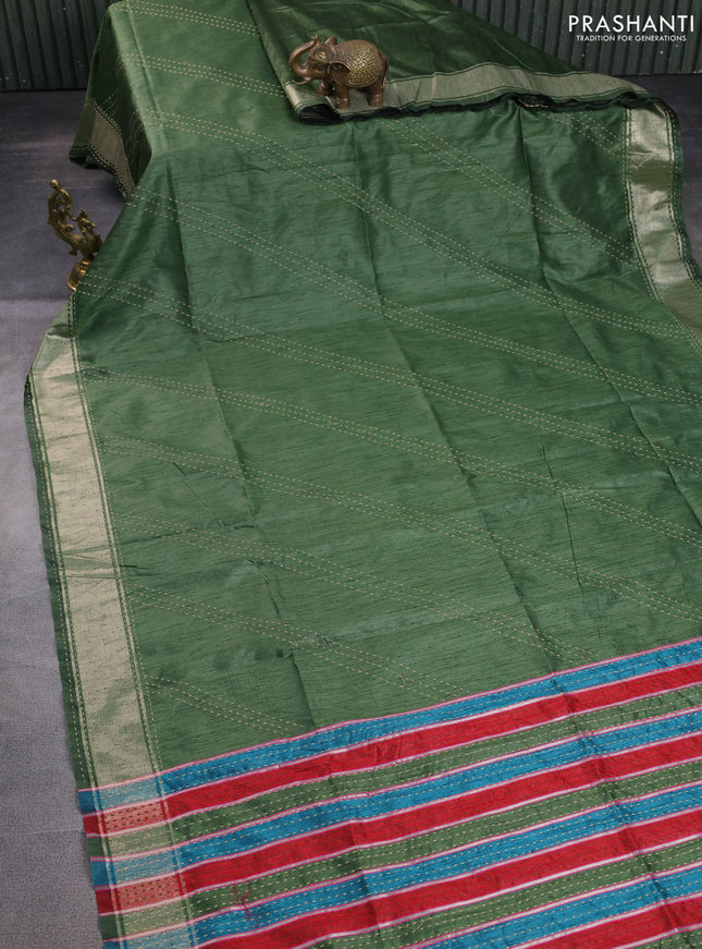Semi dupion saree sap green and multi colour with allover kantha stitch work and zari woven border