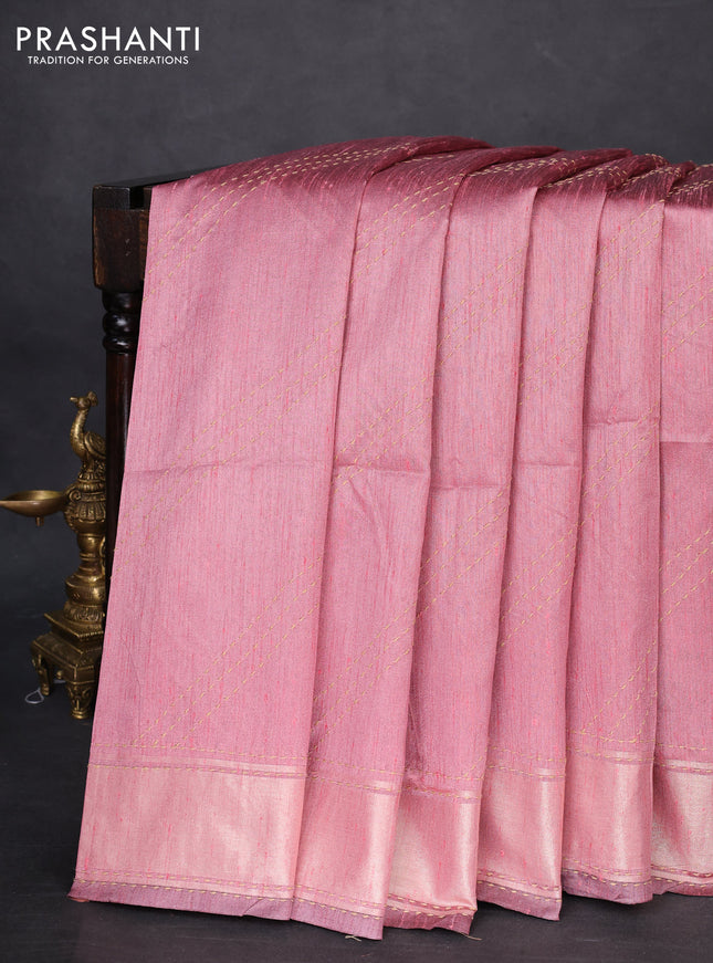 Semi dupion saree pastel pink and multi colour with allover kantha stitch work and zari woven border