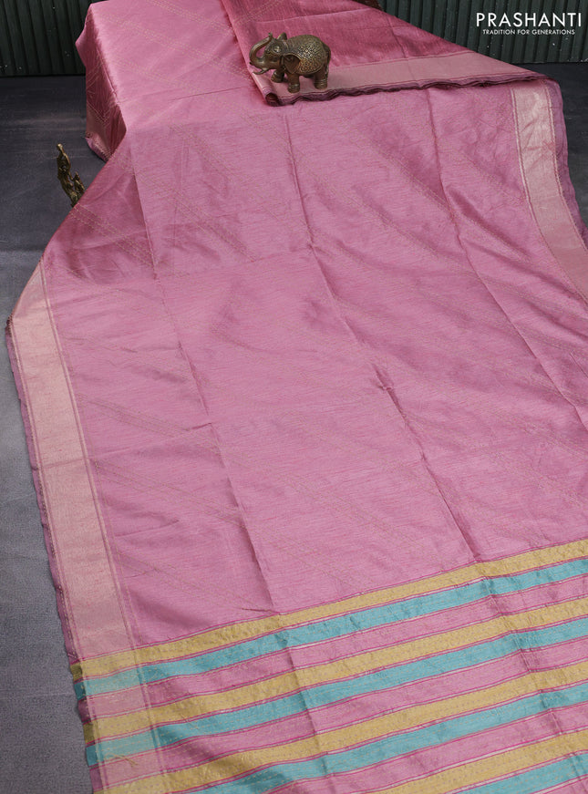 Semi dupion saree pastel pink and multi colour with allover kantha stitch work and zari woven border