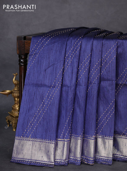Semi dupion saree navy blue and multi colour with allover kantha stitch work and zari woven border