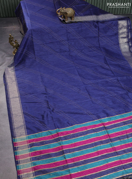 Semi dupion saree navy blue and multi colour with allover kantha stitch work and zari woven border