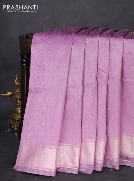 Semi dupion saree lavender and multi colour with allover kantha stitch work and zari woven border