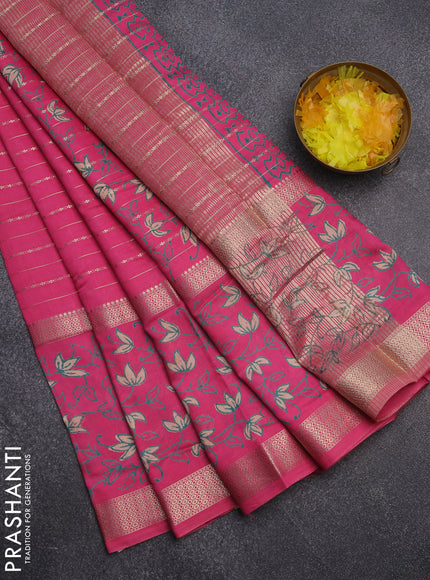 Semi chanderi saree pink with allover zari weaves and long rettapet zari woven printed border
