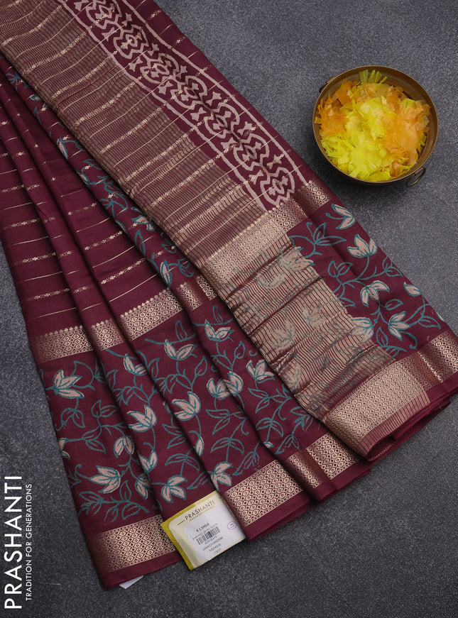 Semi chanderi saree wine shade with allover zari weaves and long rettapet zari woven printed border