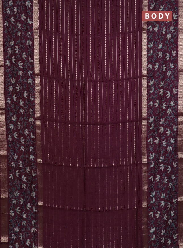 Semi chanderi saree wine shade with allover zari weaves and long rettapet zari woven printed border