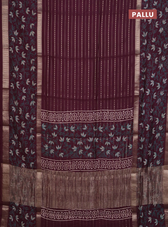 Semi chanderi saree wine shade with allover zari weaves and long rettapet zari woven printed border