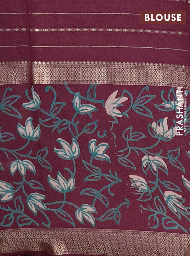 Semi chanderi saree wine shade with allover zari weaves and long rettapet zari woven printed border