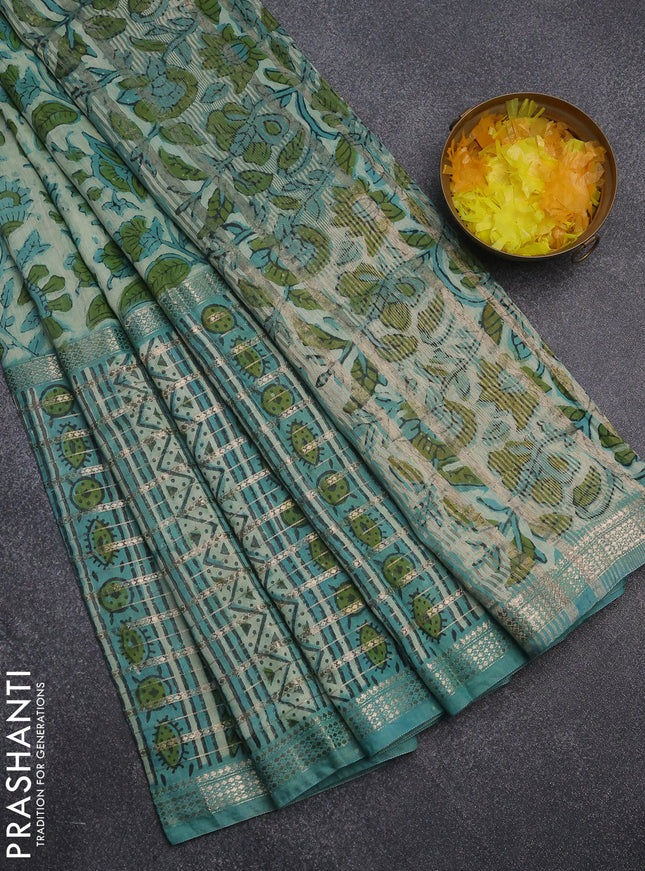 Semi chanderi saree pastel green and teal green shade with kalamkari prints and long printed zari woven border