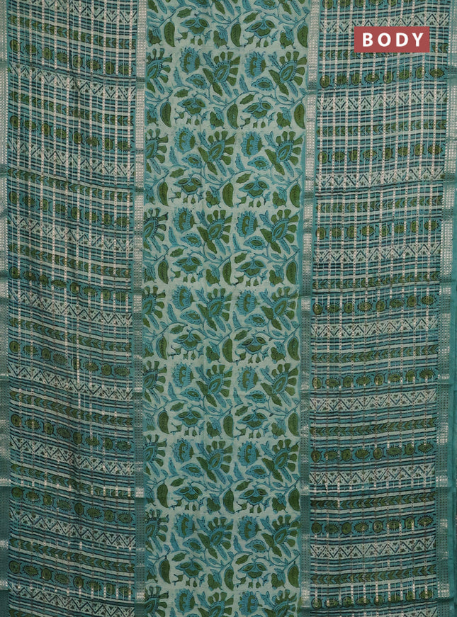 Semi chanderi saree pastel green and teal green shade with kalamkari prints and long printed zari woven border