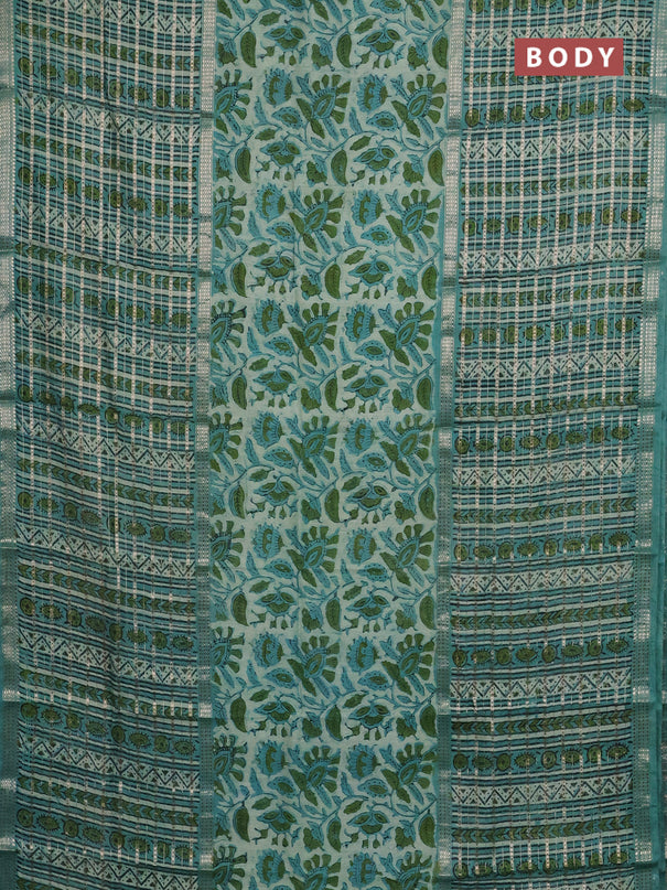 Semi chanderi saree pastel green and teal green shade with kalamkari prints and long printed zari woven border