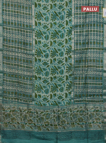 Semi chanderi saree pastel green and teal green shade with kalamkari prints and long printed zari woven border