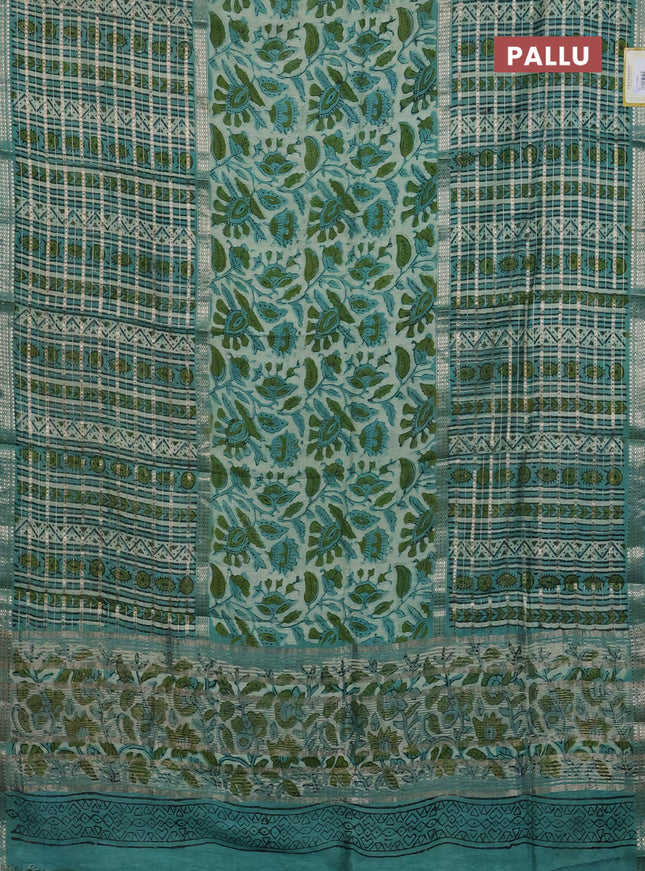 Semi chanderi saree pastel green and teal green shade with kalamkari prints and long printed zari woven border