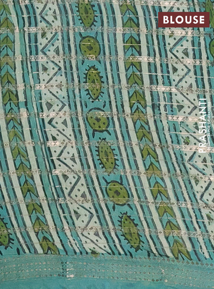 Semi chanderi saree pastel green and teal green shade with kalamkari prints and long printed zari woven border