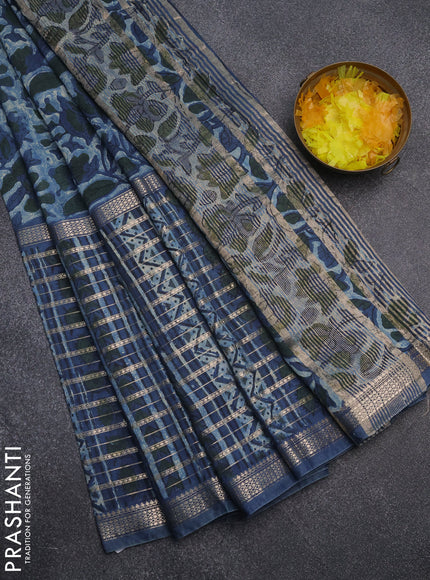 Semi chanderi saree indigo blue with kalamkari prints and long printed zari woven border