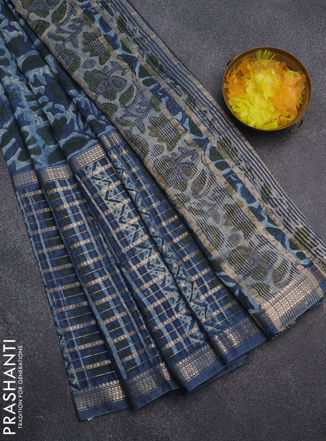 Semi chanderi saree indigo blue with kalamkari prints and long printed zari woven border