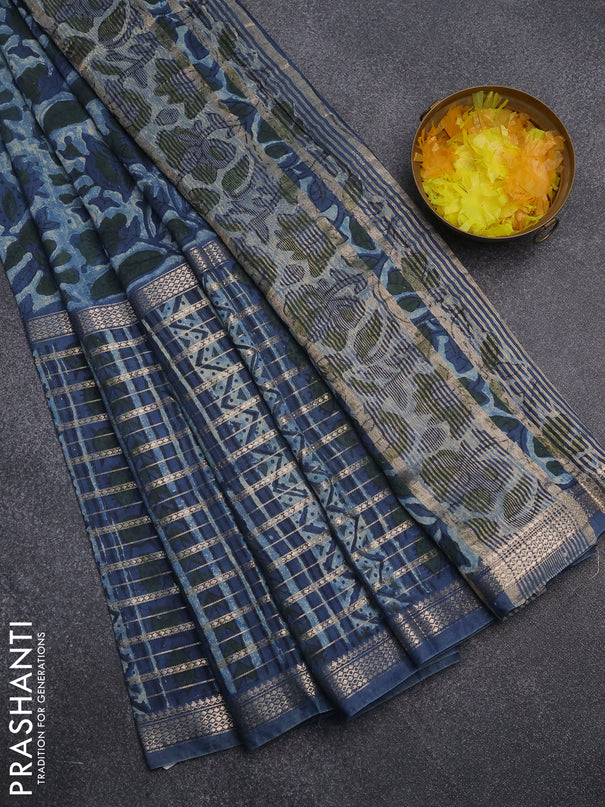 Semi chanderi saree indigo blue with kalamkari prints and long printed zari woven border