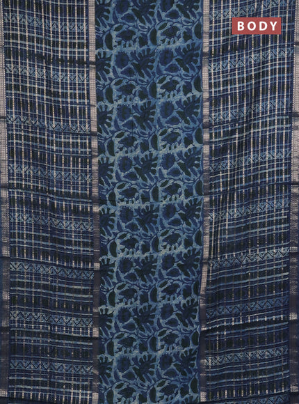 Semi chanderi saree indigo blue with kalamkari prints and long printed zari woven border