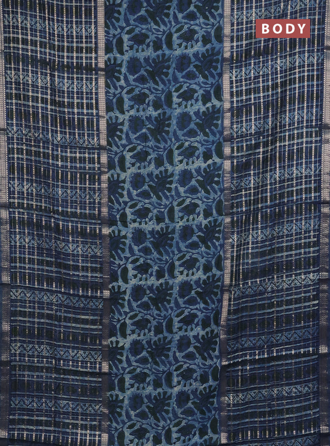 Semi chanderi saree indigo blue with kalamkari prints and long printed zari woven border