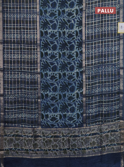 Semi chanderi saree indigo blue with kalamkari prints and long printed zari woven border