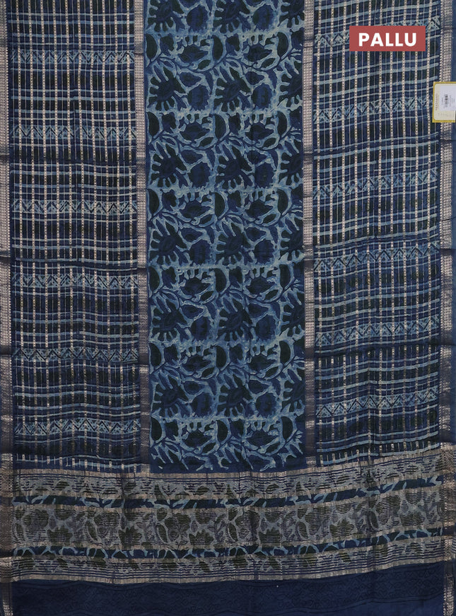 Semi chanderi saree indigo blue with kalamkari prints and long printed zari woven border