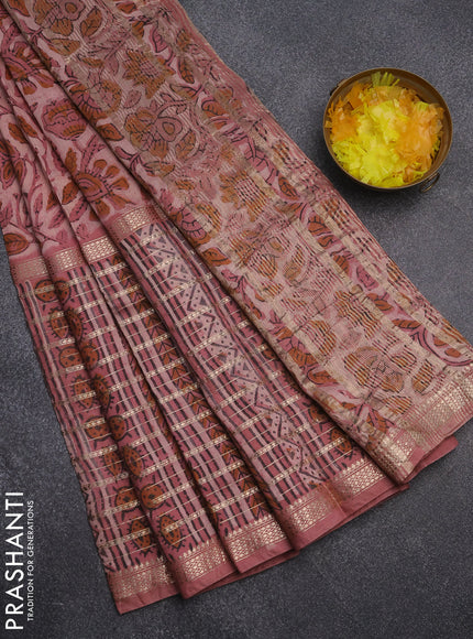 Semi chanderi saree pastel peach and peach pink with kalamkari prints and long printed zari woven border