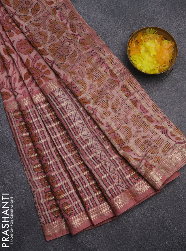 Semi chanderi saree pastel peach and peach pink with kalamkari prints and long printed zari woven border