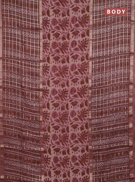 Semi chanderi saree pastel peach and peach pink with kalamkari prints and long printed zari woven border