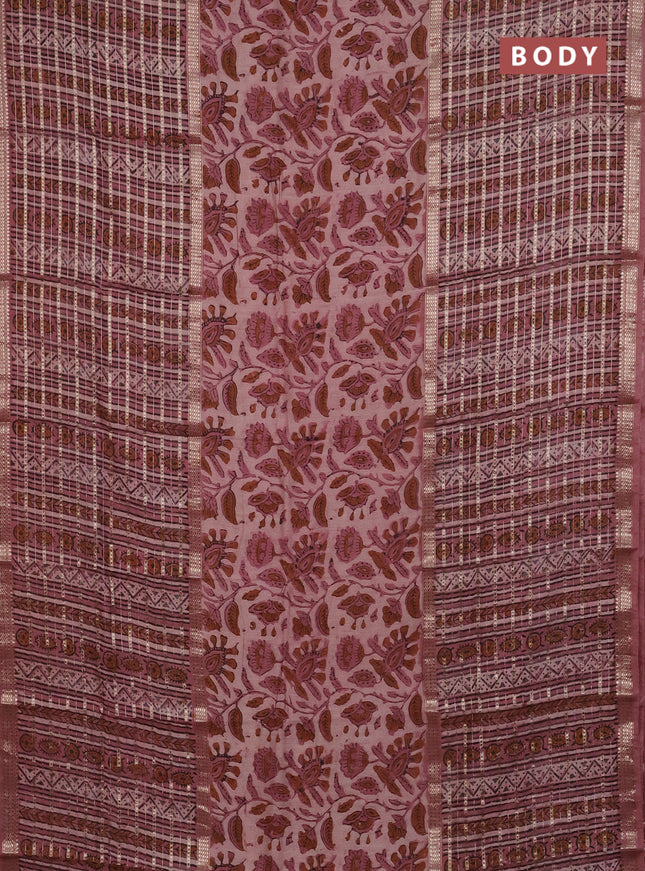 Semi chanderi saree pastel peach and peach pink with kalamkari prints and long printed zari woven border