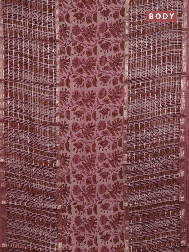 Semi chanderi saree pastel peach and peach pink with kalamkari prints and long printed zari woven border