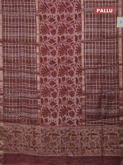 Semi chanderi saree pastel peach and peach pink with kalamkari prints and long printed zari woven border
