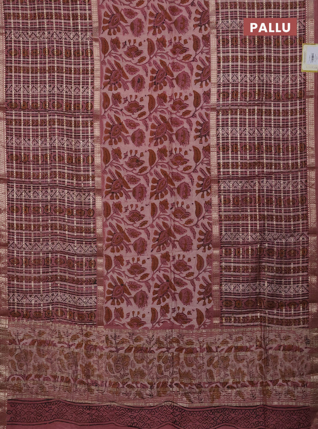 Semi chanderi saree pastel peach and peach pink with kalamkari prints and long printed zari woven border
