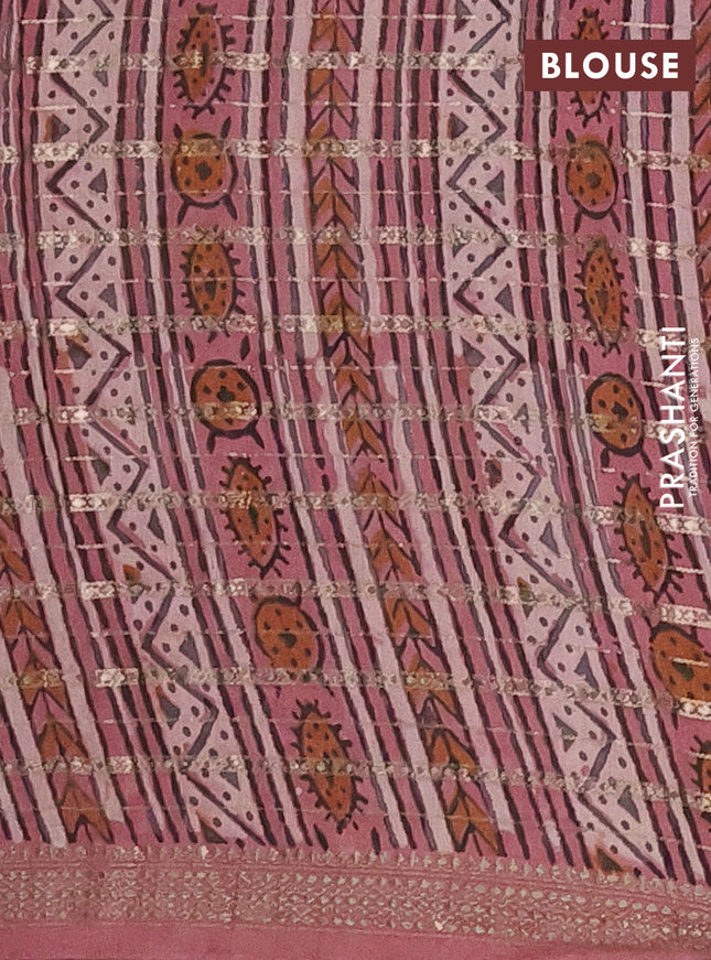 Semi chanderi saree pastel peach and peach pink with kalamkari prints and long printed zari woven border