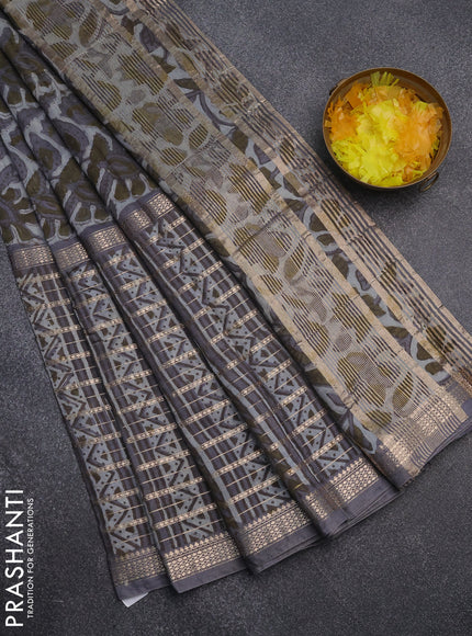 Semi chanderi saree grey shade and grey with kalamkari prints and long printed zari woven border