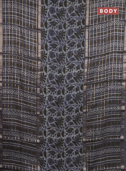 Semi chanderi saree grey shade and grey with kalamkari prints and long printed zari woven border