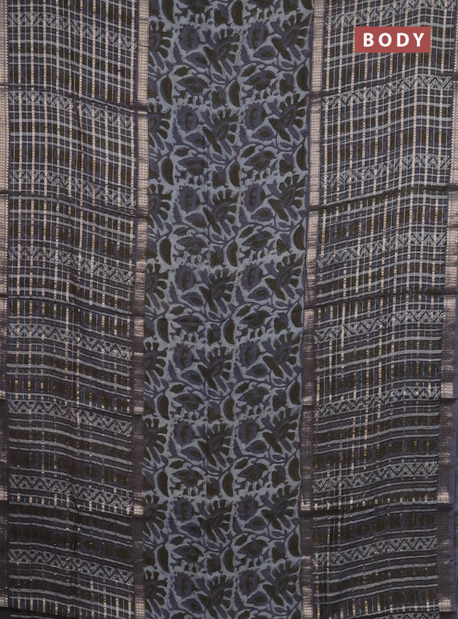 Semi chanderi saree grey shade and grey with kalamkari prints and long printed zari woven border