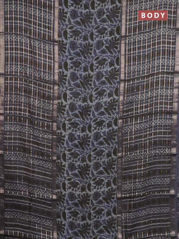 Semi chanderi saree grey shade and grey with kalamkari prints and long printed zari woven border