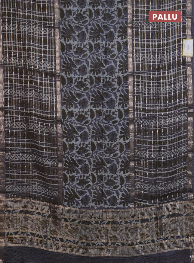 Semi chanderi saree grey shade and grey with kalamkari prints and long printed zari woven border