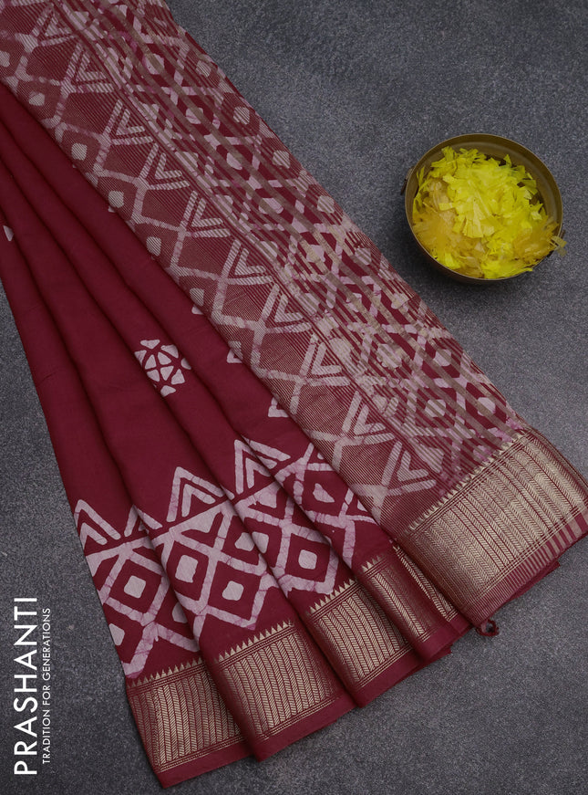 Semi chanderi saree tomato red with batik butta prints and zari woven border