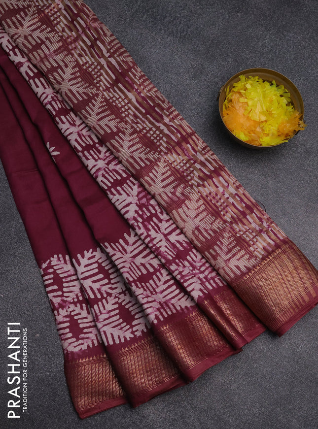 Semi chanderi saree wine shade with batik butta prints and woven border