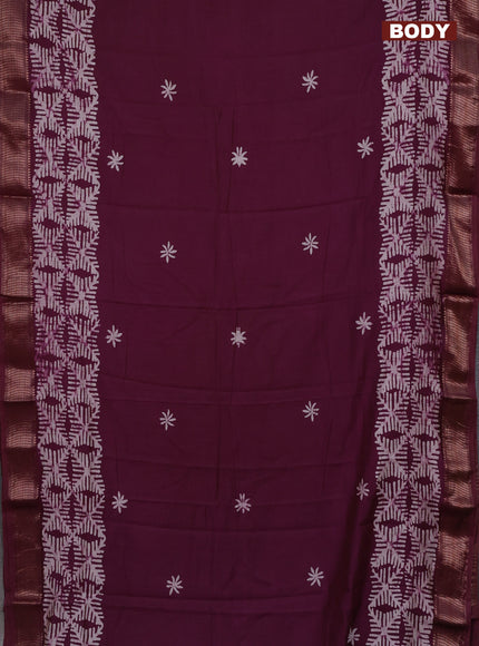 Semi chanderi saree wine shade with batik butta prints and woven border